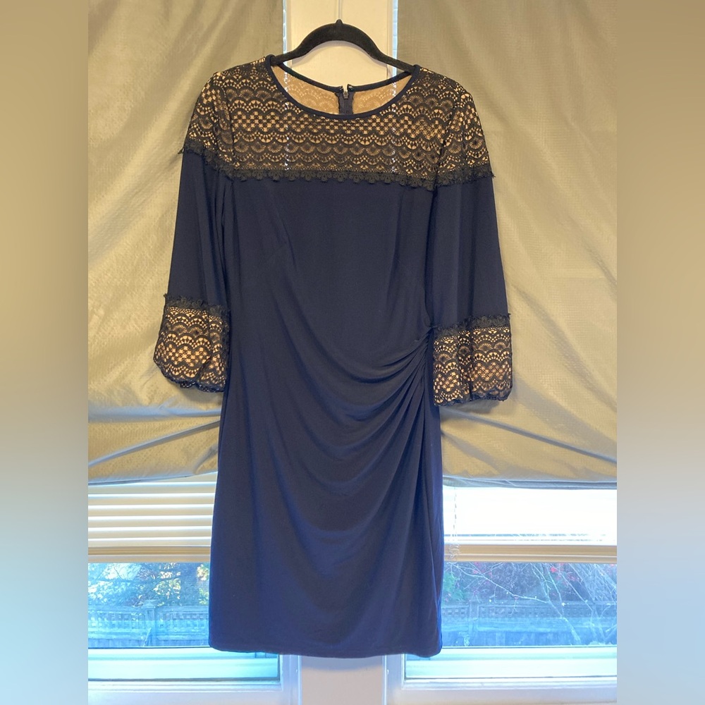 Lauren by Ralph Lauren Navy 3/4 Sleeve Ruched Midi Dress, Size 10 - Picture 13 of 15